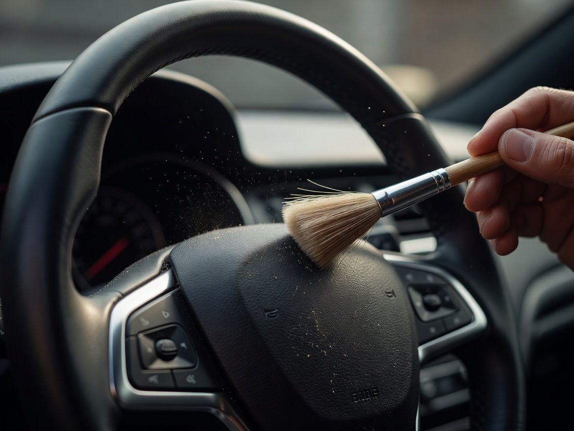 A detailed close-up of a car steering wheel being dusted with a fine detailing brush at Dailyspotlighttrax