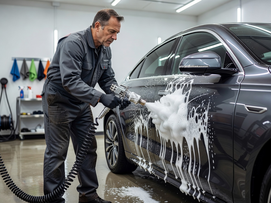 A professional Dailyspotlighttrax technician applying thick cleaning foam to the side of a modern car