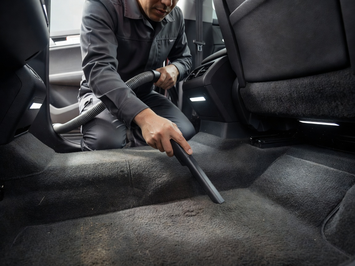 An interior detailing technician vacuuming the deep carpet of a vehicle with a slim nozzle at Dailyspotlighttrax