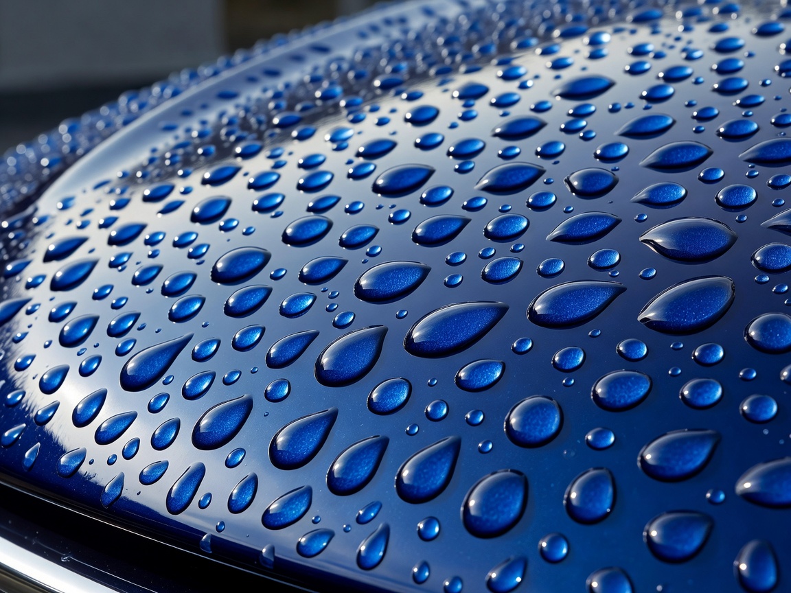 Beautiful macro water droplets beading tightly on top of a glossy ceramic coated blue car bonnet at Dailyspotlighttrax