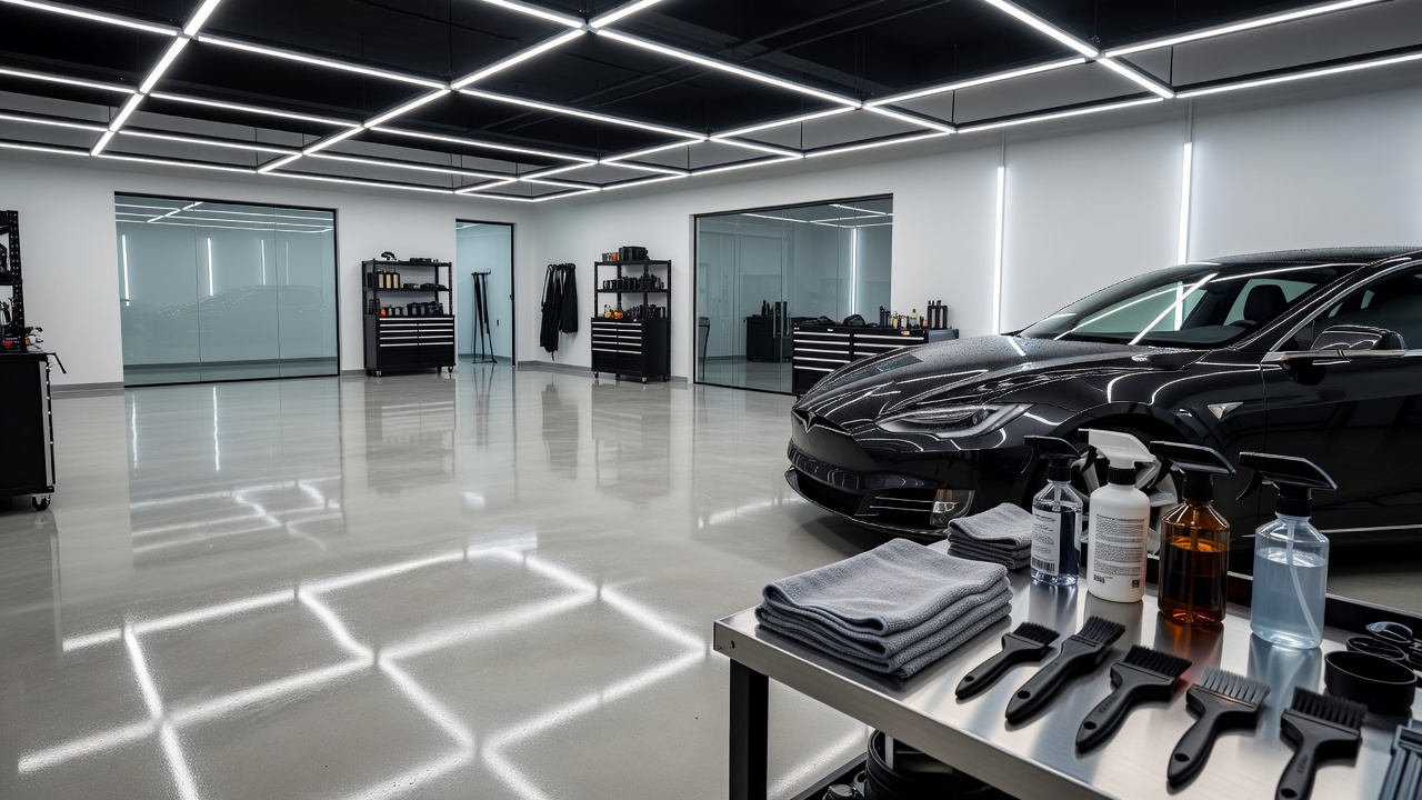 Clean modern detailing workshop with polished floor and structured lighting inside the Dailyspotlighttrax hub