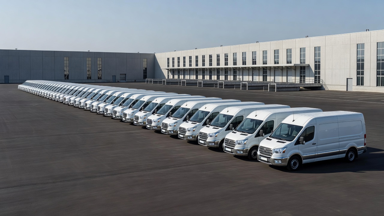 Row of clean commercial delivery vans lined up outside a logistics base monitored by Dailyspotlighttrax