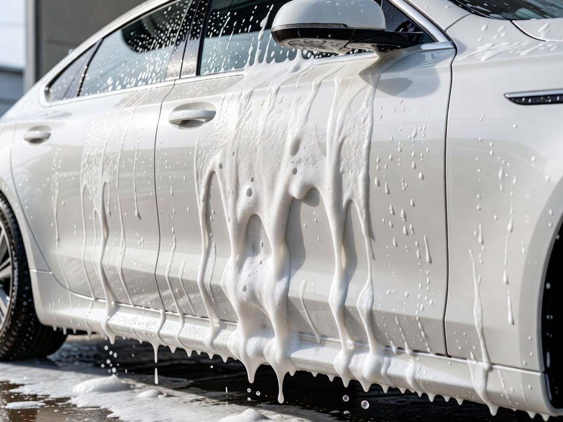 Snow foam sliding down the side of a modern white car during the safe pre-wash cycle at Dailyspotlighttrax
