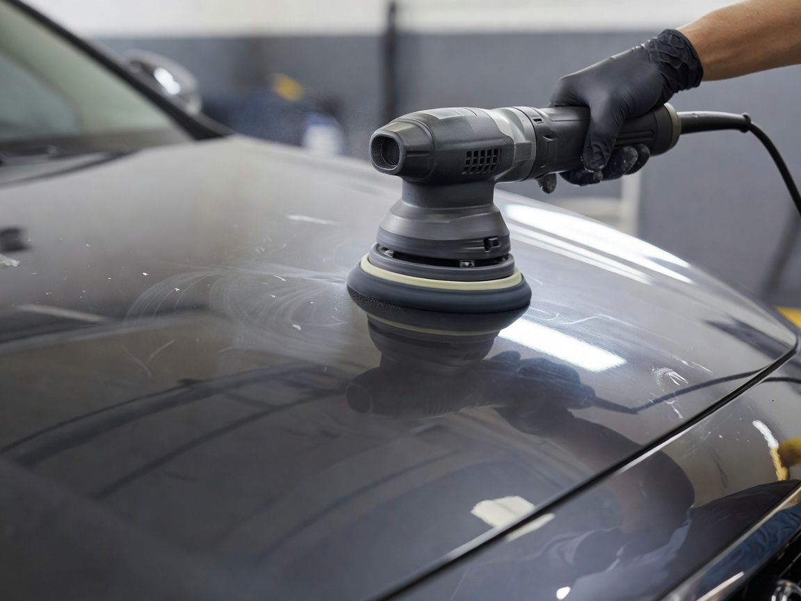 Using a professional dual action machine polisher on a dark grey bonnet to correct paint defects safely