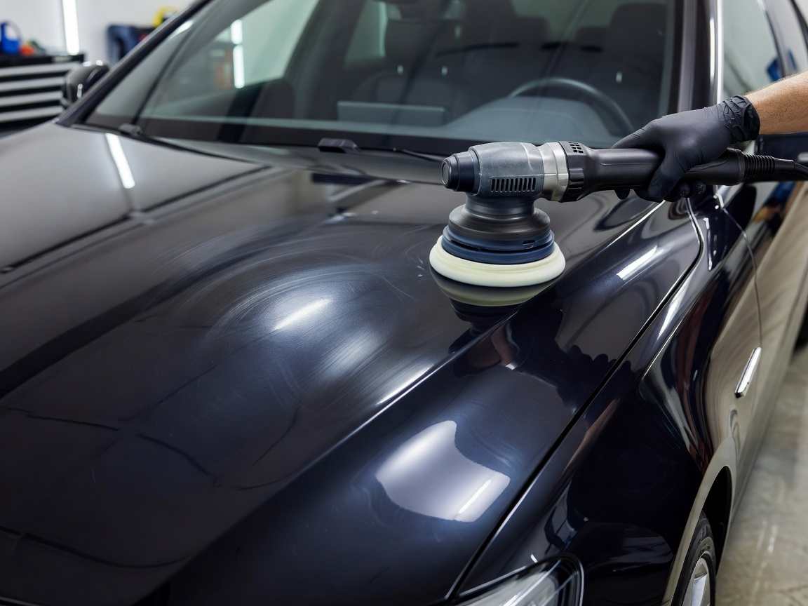 Using professional dual-action machine polisher to correct swirl marks on dark car paint inside Dailyspotlighttrax studio